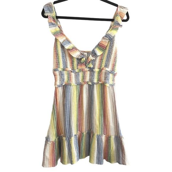 Saylor ANTHROPOLOGIE Sleeveless Rainbow-Stripe Smocked Gauze Mini Dress - Sz M - Picture 3 of 8